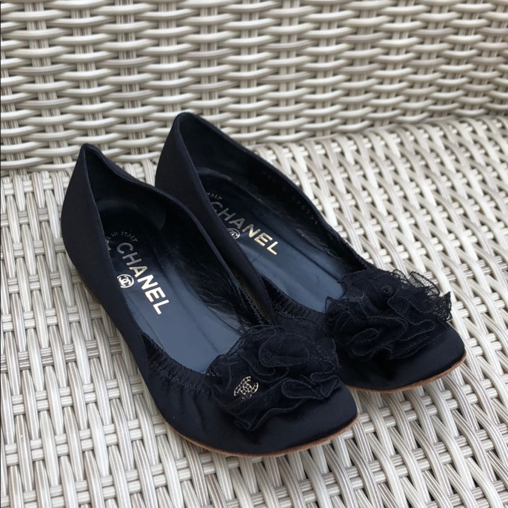 Chanel black satin ballet flats